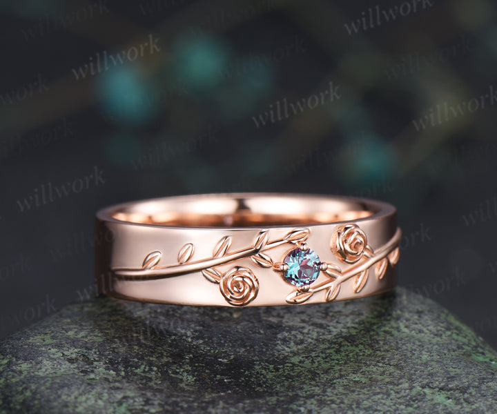 Round Cut Alexandrite Floral Leaf Engagement Ring & Round Alexandrite Leaf Floral Men Wedding Ring Nature Inspired Couple Set