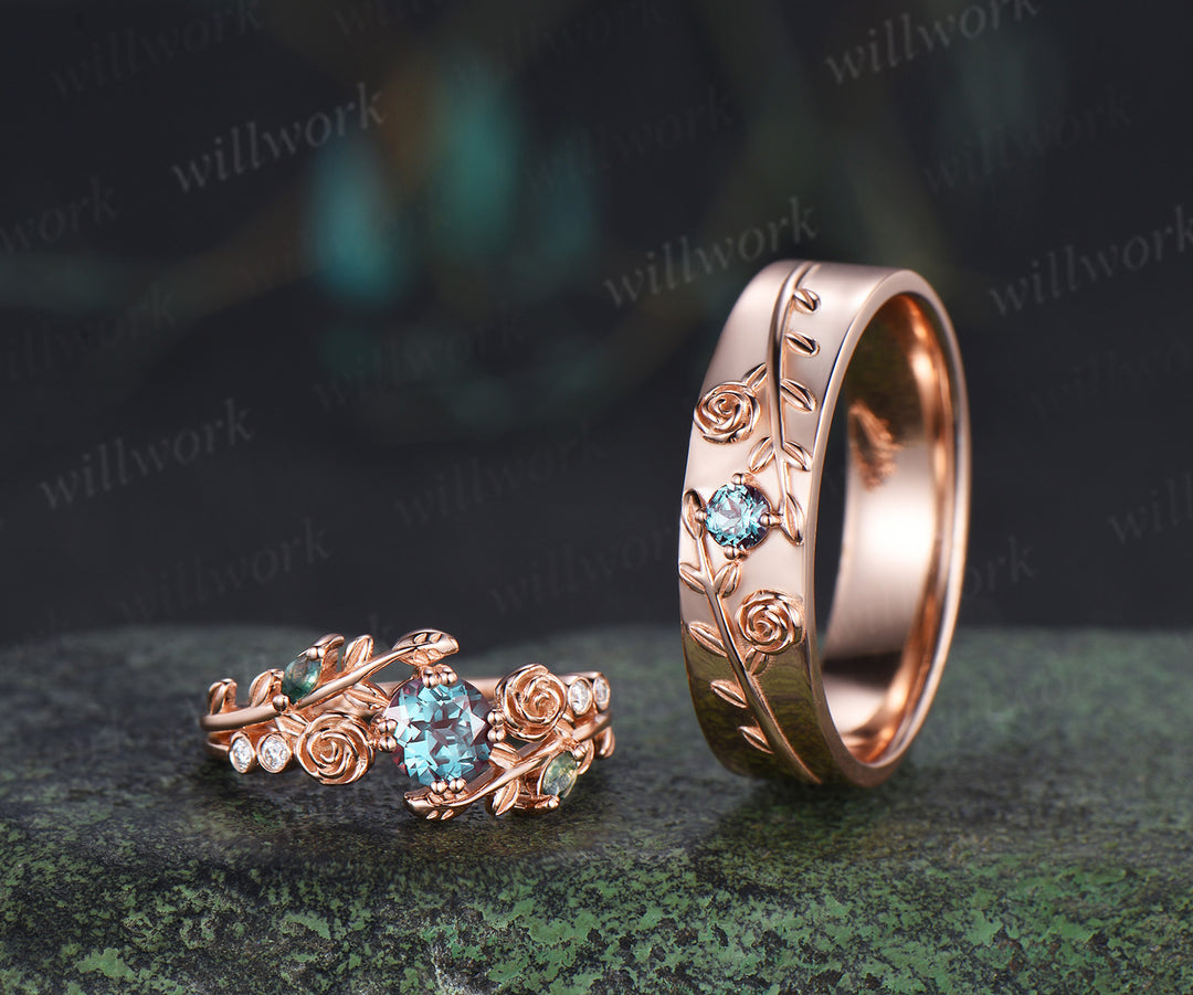 Round Cut Alexandrite Floral Leaf Engagement Ring & Round Alexandrite Leaf Floral Men Wedding Ring Nature Inspired Couple Set