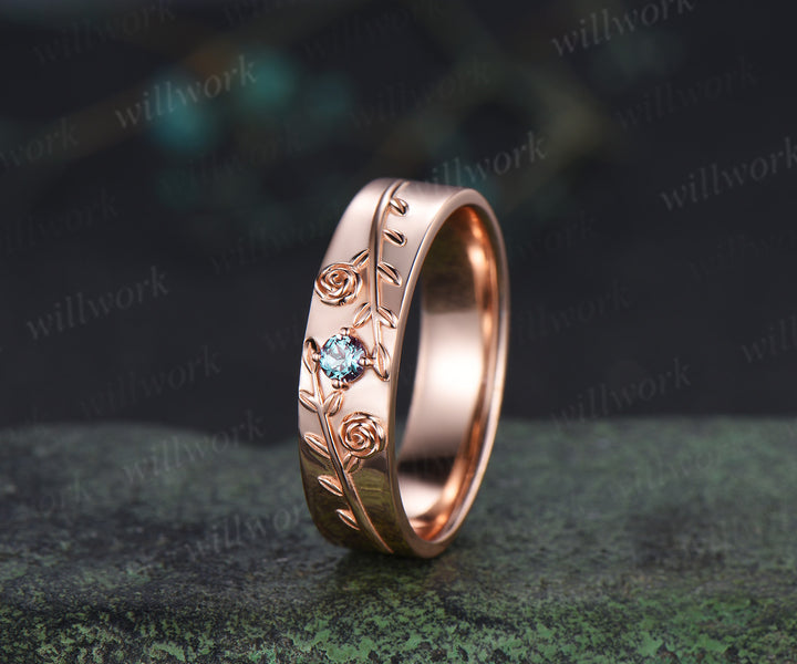 Round Cut Alexandrite Floral Leaf Engagement Ring & Round Alexandrite Leaf Floral Men Wedding Ring Nature Inspired Couple Set