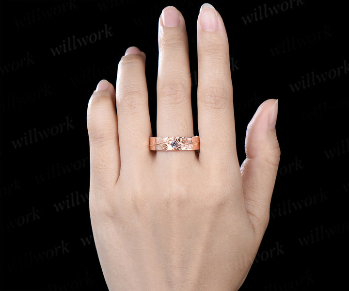 Round Cut Alexandrite Floral Leaf Engagement Ring & Round Alexandrite Leaf Floral Men Wedding Ring Nature Inspired Couple Set