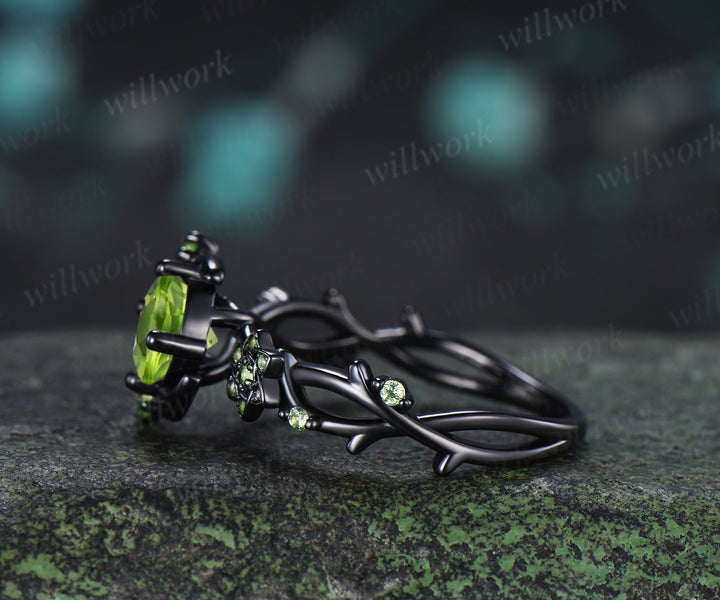 Round Cut Peridot Engagement Ring Moon Peridot Cluster Promise Ring Floral Twig Branch Ring August Birthstone Jewelry