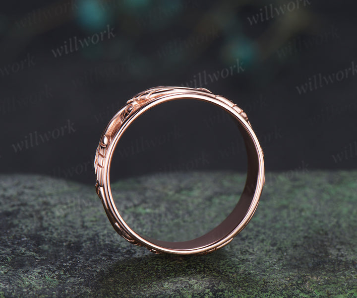 Leaf Twig Engraved Men Wedding Band 6mm Nature Inspired Promise Statement Ring