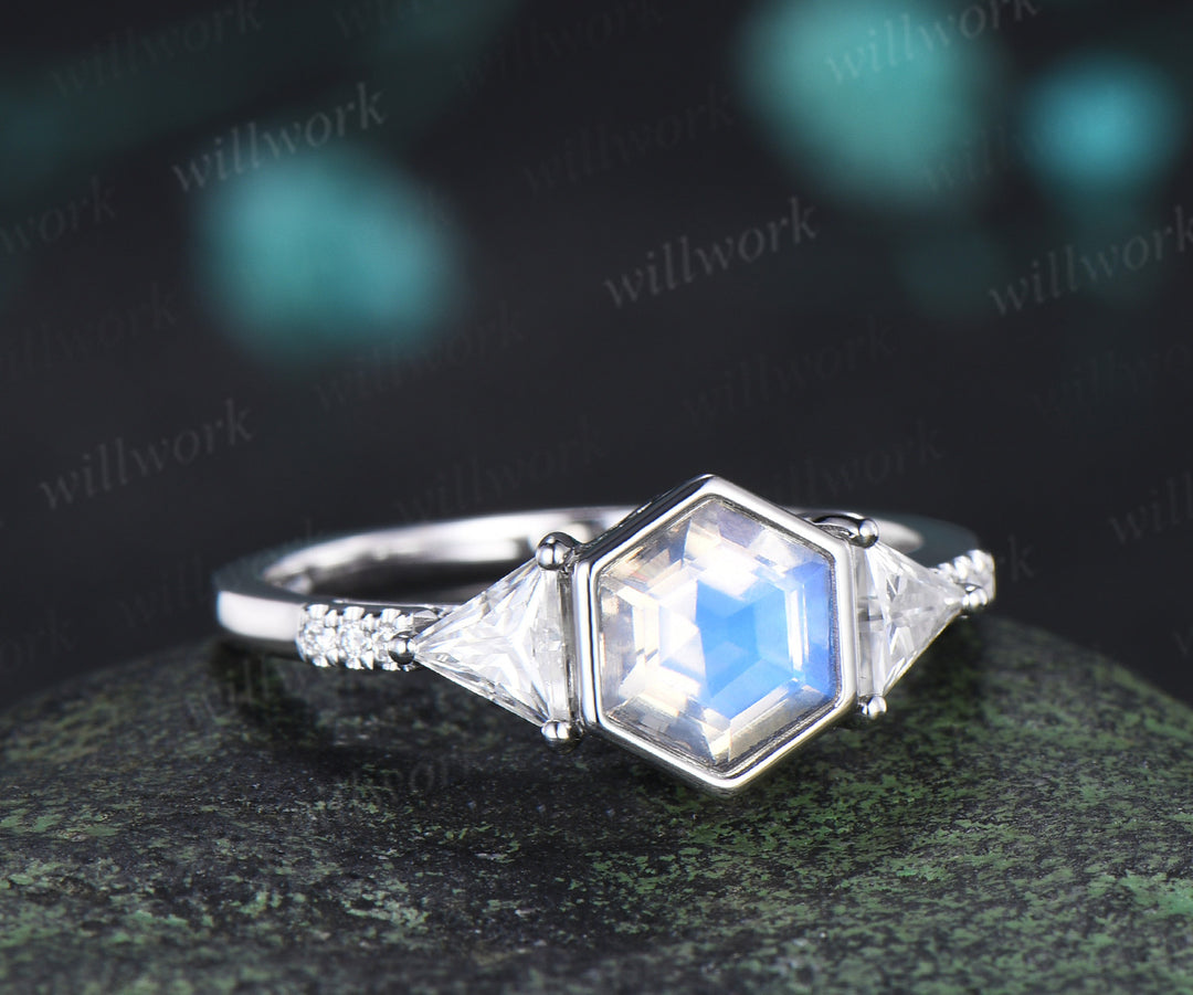 Hexagon cut natural moonstone engagement ring trillion cut moissanite half eternity wedding ring June birthstone jewelry gifts for her