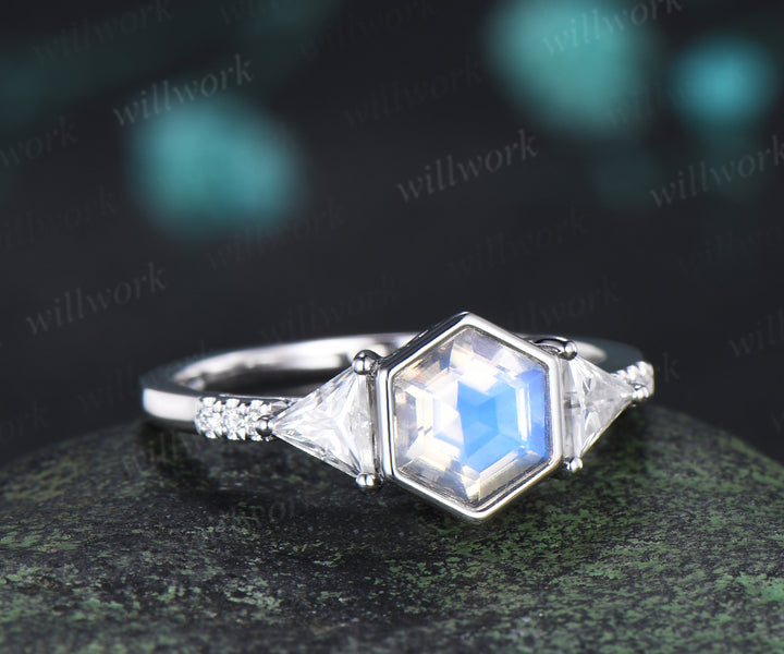 Hexagon cut natural moonstone engagement ring trillion cut moissanite half eternity wedding ring June birthstone jewelry gifts for her