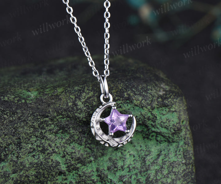 Unique star shape amethyst pendant necklace solitaire celestial moon star necklace gifts for her