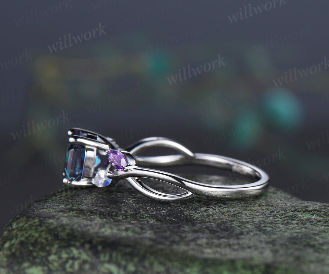 Hexagon cut alexandrite engagement ring marquise moonstone amethyst five stones twisted promise ring