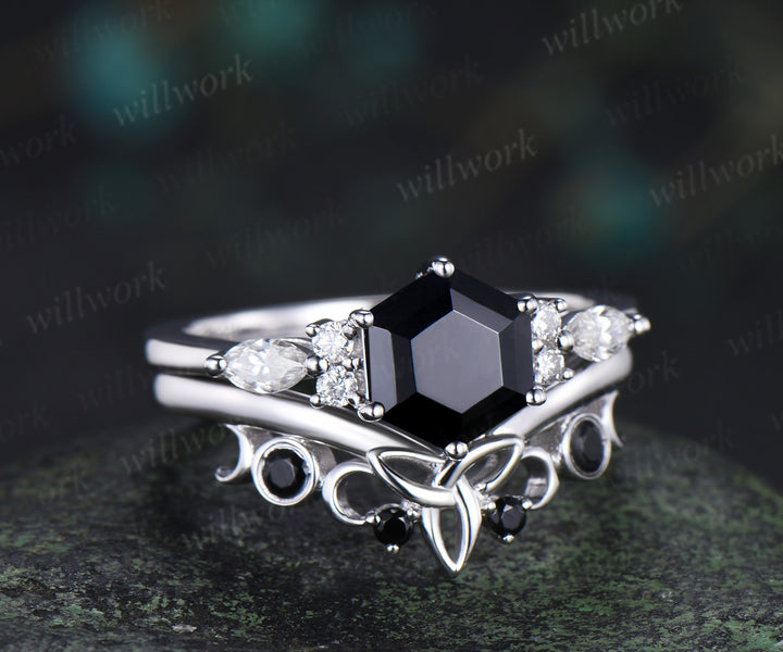 Vintage hexagon cut black onyx engagement ring set moissanite accents ring black spinels celtic knot band bridal set