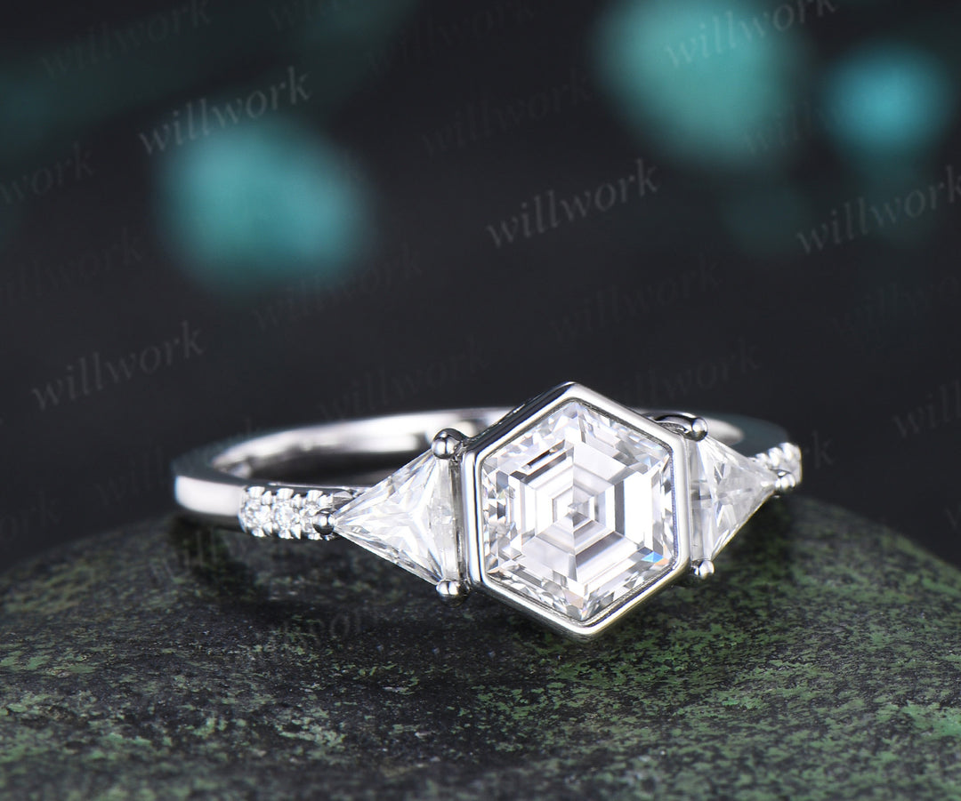 Vintage bezel hexagon cut moissanite engagement ring trillion moissanite half eternity band promise ring for her
