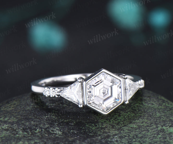 Vintage bezel hexagon cut moissanite engagement ring trillion moissanite half eternity band promise ring for her