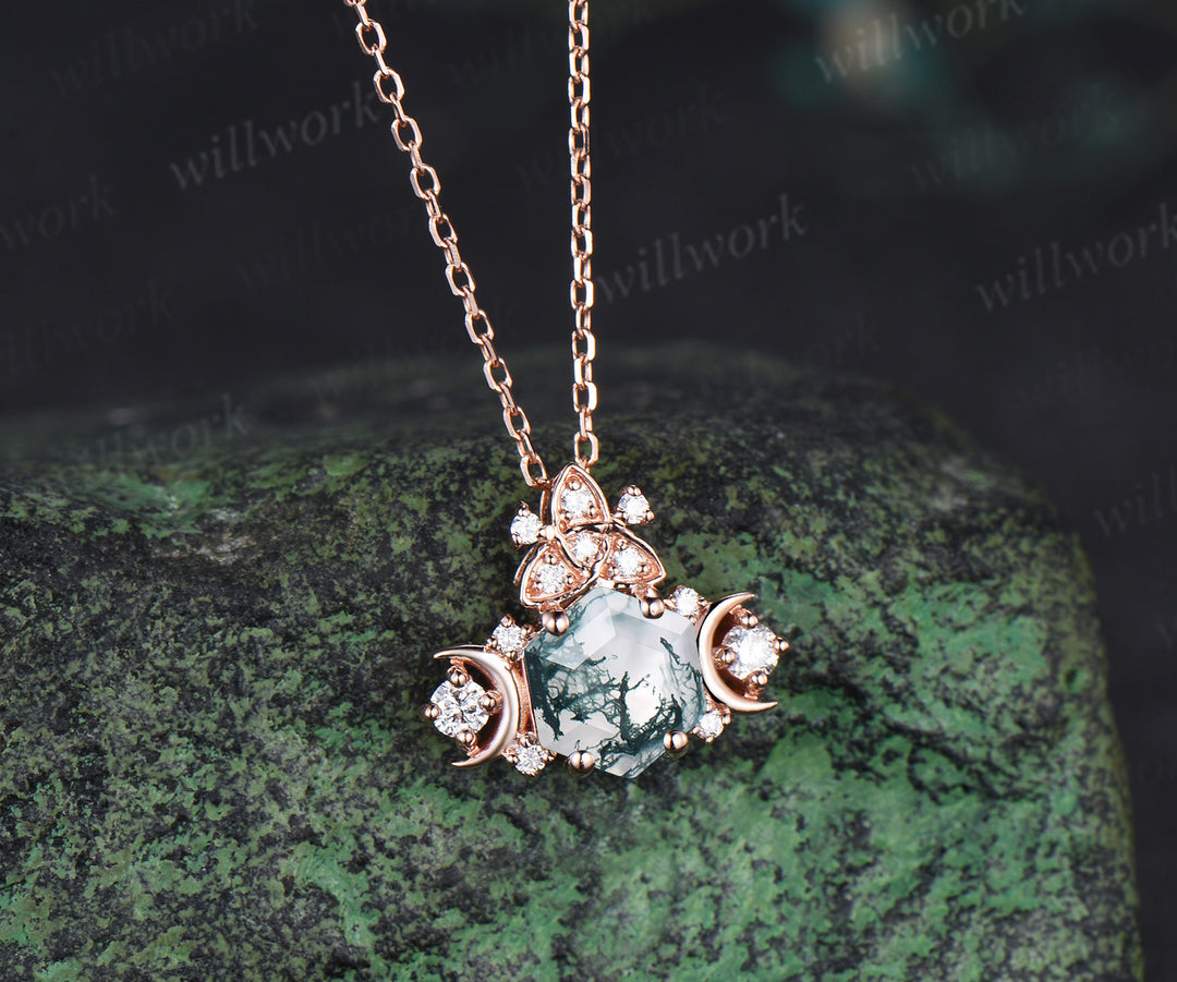 Unique hexagon cut moss agate pendant necklace art deco moon trinity knot moissanite charm pendant gifts for her