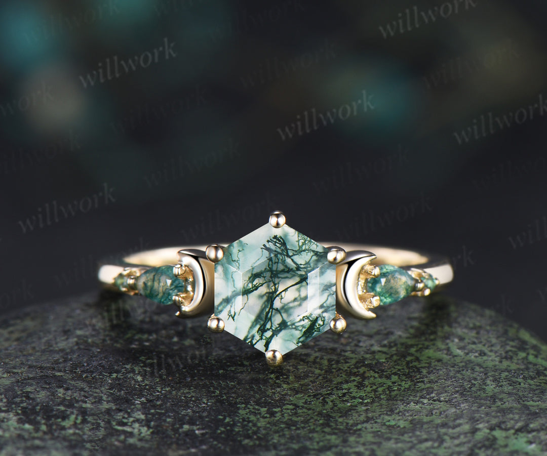 Unique hexagon cut moss agate moon engagement ring set pear moss agate five stone ring moissanite wedding band bridal set