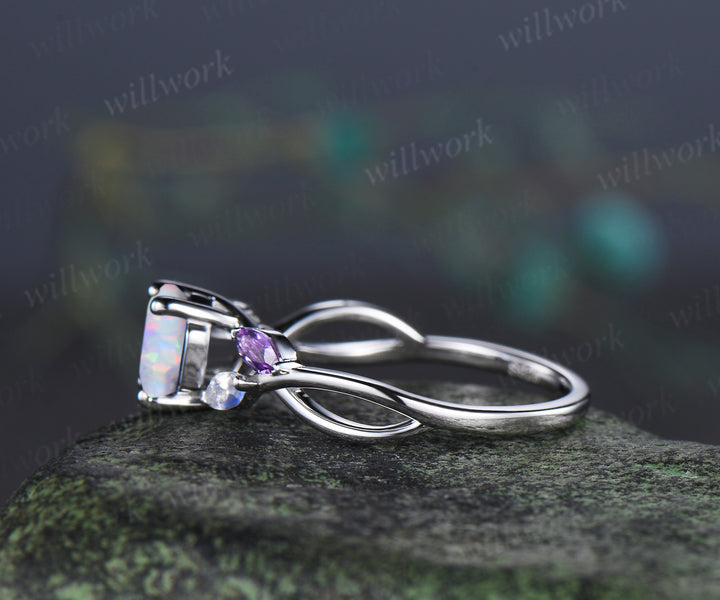 Hexagon cut white fire opal engagement ring marquise moonstone amethyst five stones twisted infinity promise ring