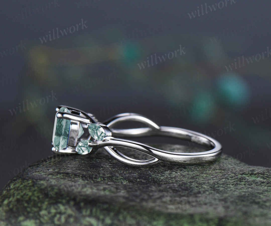 Hexagon cut moss agate engagement ring twisted infinity moss agate five stone ring alternative bridal ring