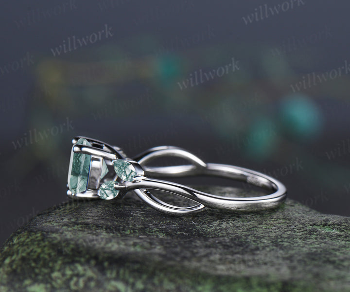 Hexagon cut moss agate engagement ring twisted infinity moss agate five stone ring alternative bridal ring