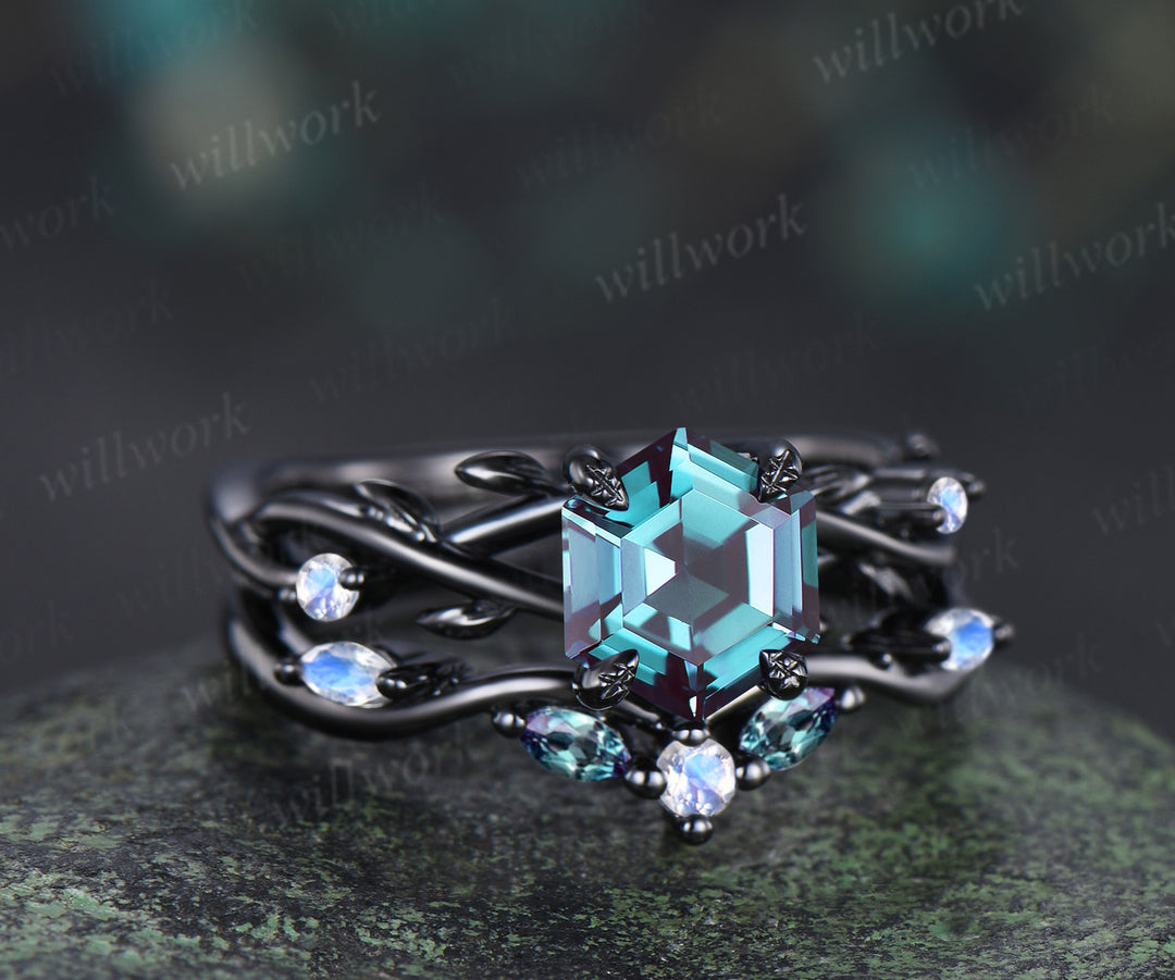 Hexagon alexandrite engagement ring set black gold twig leaf split shank moonstone ring marquise alexandrite wedding band unique bridal set
