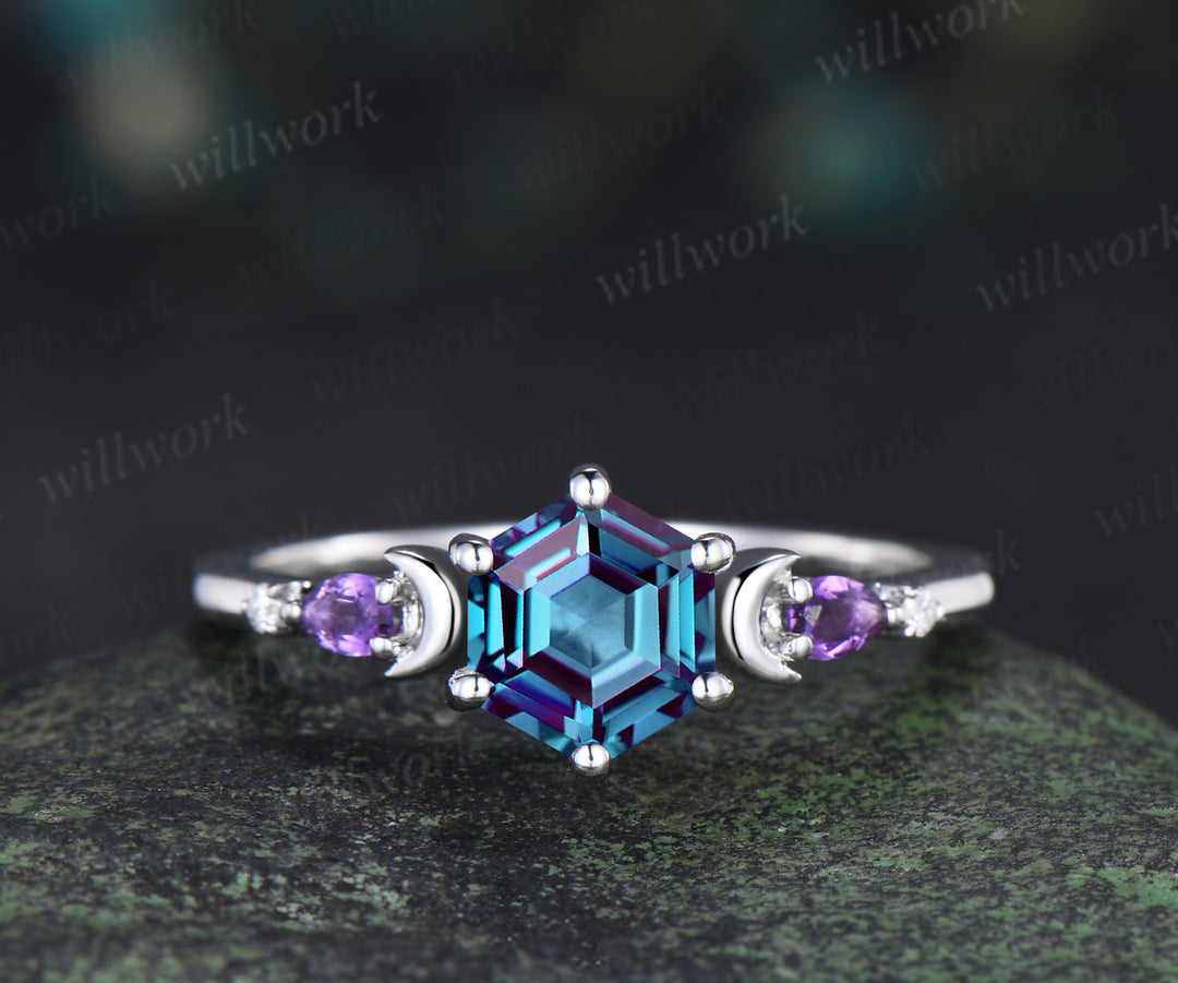 Unique hexagon cut alexandrite moon engagement ring set pear amethyst five stone ring moissanite wedding band bridal set