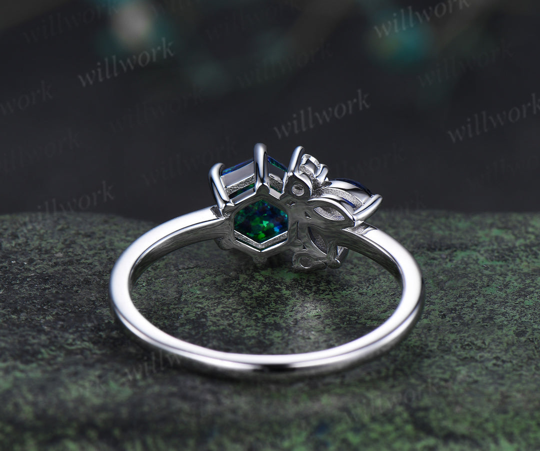 Unique hexagon cut black opal ring marquise blue sapphire cluster ring solid 14k white gold promise ring for women