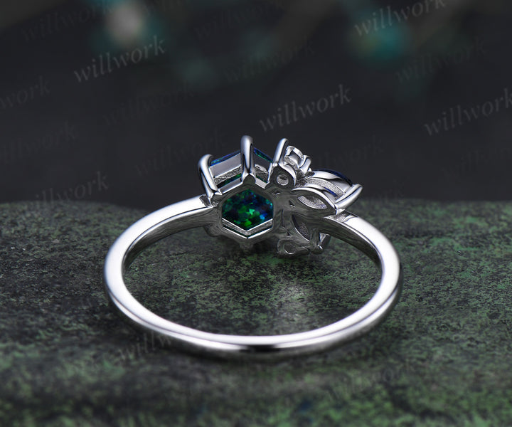 Unique hexagon cut black opal ring marquise blue sapphire cluster ring solid 14k white gold promise ring for women