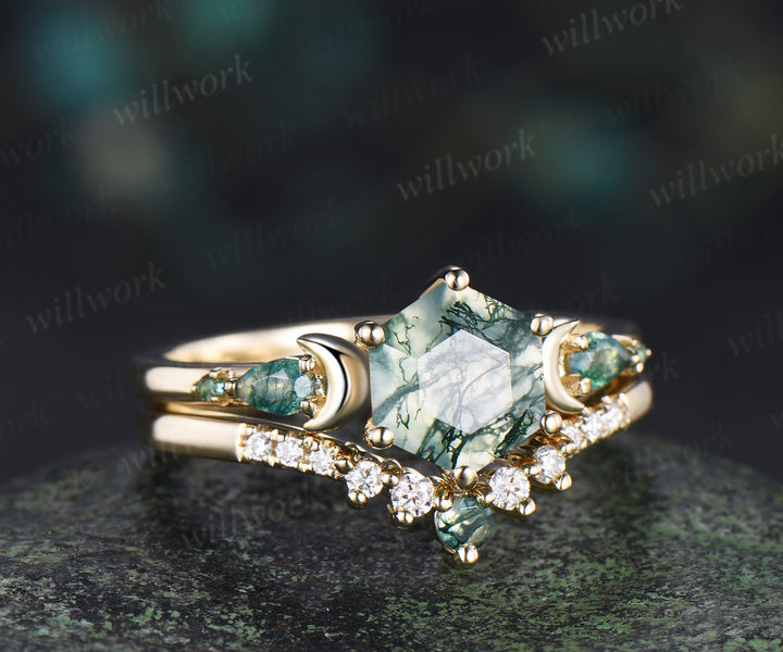 Unique hexagon cut moss agate moon engagement ring set pear moss agate five stone ring moissanite wedding band bridal set