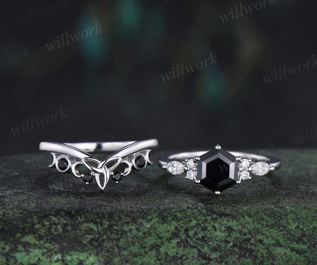 Vintage hexagon cut black onyx engagement ring set moissanite accents ring black spinels celtic knot band bridal set