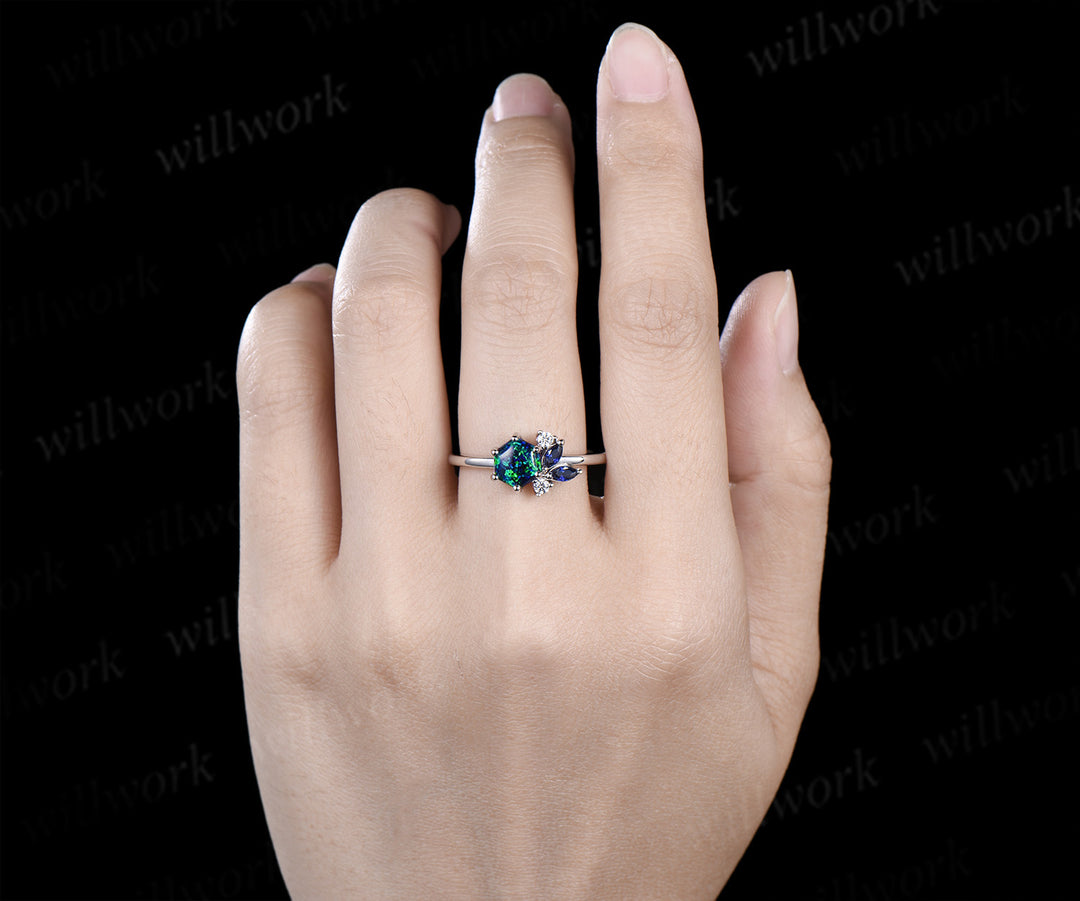 Unique hexagon cut black opal ring marquise blue sapphire cluster ring solid 14k white gold promise ring for women