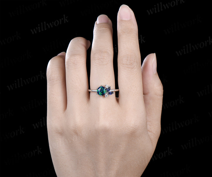 Unique hexagon cut black opal ring marquise blue sapphire cluster ring solid 14k white gold promise ring for women