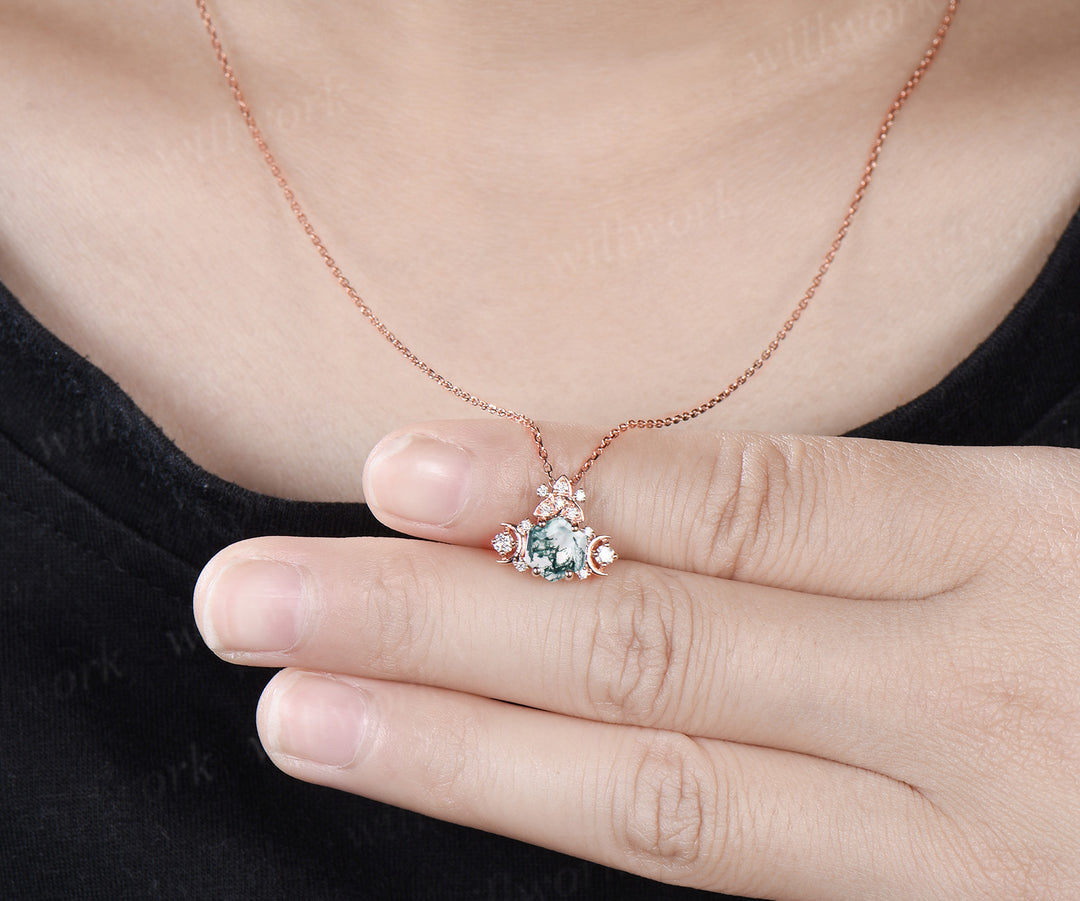 Unique hexagon cut moss agate pendant necklace art deco moon trinity knot moissanite charm pendant gifts for her