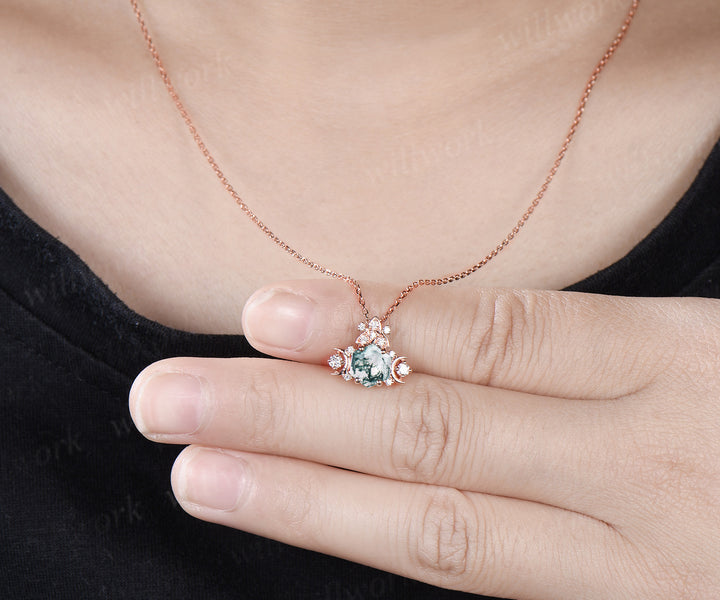 Unique hexagon cut moss agate pendant necklace art deco moon trinity knot moissanite charm pendant gifts for her