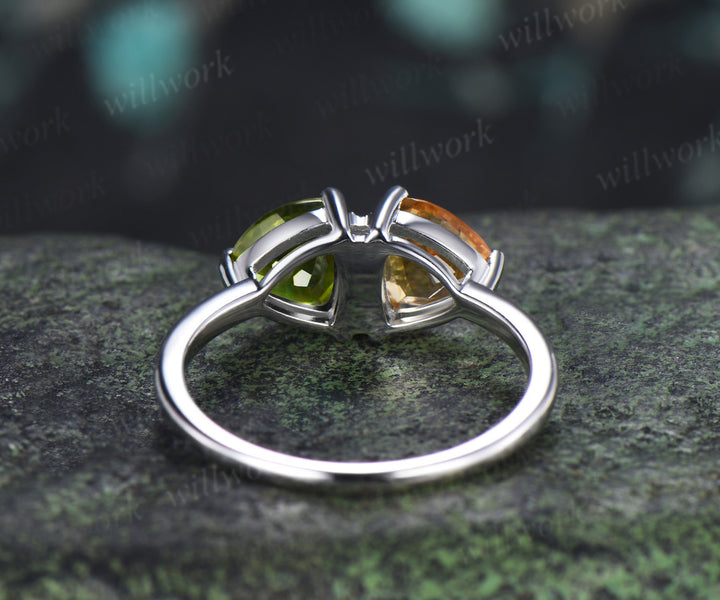 Trillion Cut Peridot Citrine Engagement Ring Personalized Toi Et Moi Two Birthstone Ring for Couple BFF