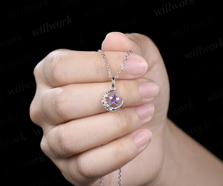 Unique star shape amethyst pendant necklace solitaire celestial moon star necklace gifts for her