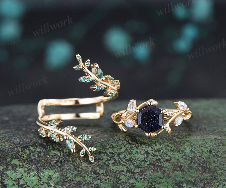 Hexagon cut blue sandstone engagement ring set moonstone leaf ring emerald moss agate twig leaf wedding band enhancer unique bridal set
