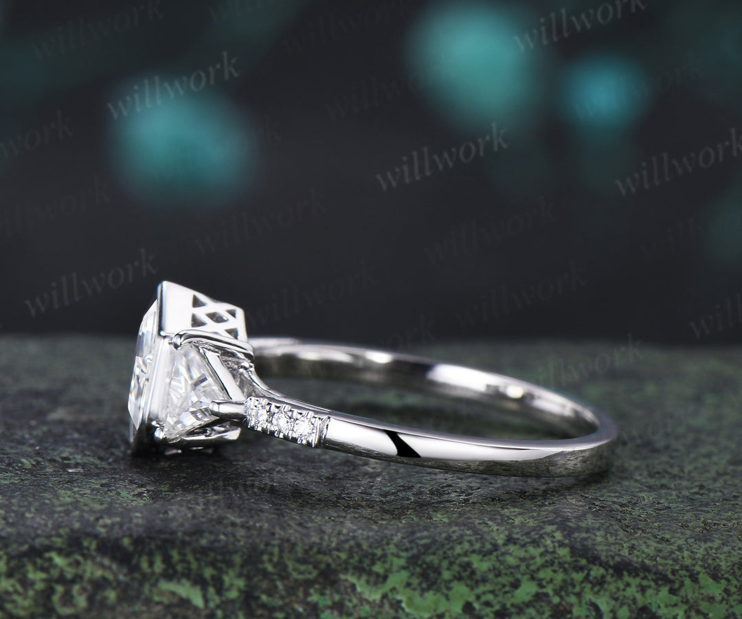 Vintage bezel hexagon cut moissanite engagement ring trillion moissanite half eternity band promise ring for her