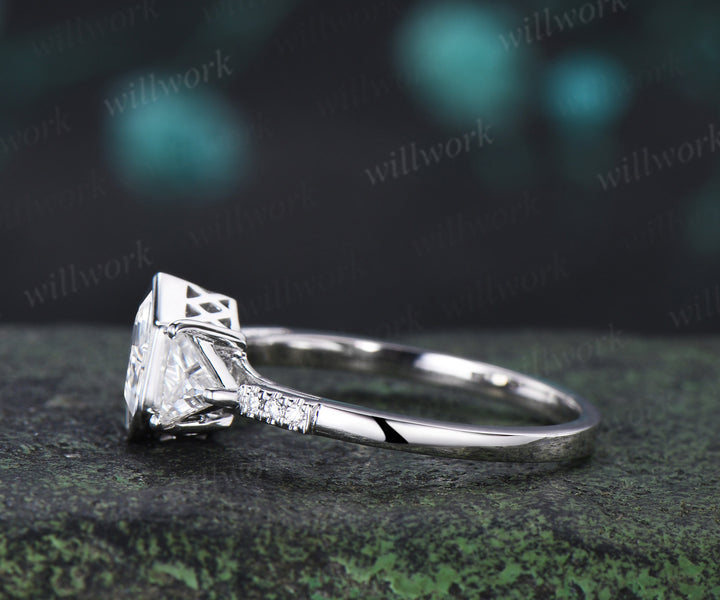 Vintage bezel hexagon cut moissanite engagement ring trillion moissanite half eternity band promise ring for her