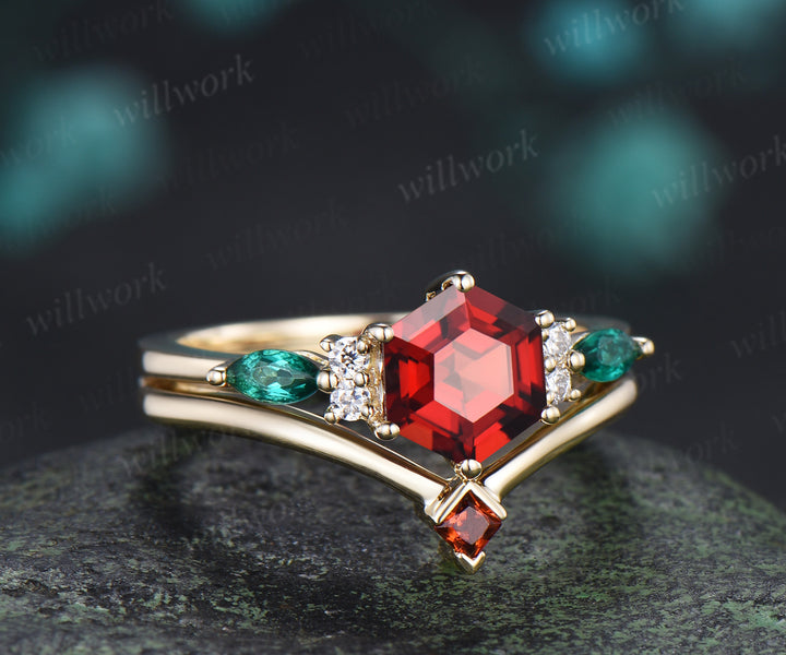 Hexagon cut ruby engagement ring set emerald moissanite seven stones ring minimalist princess cut ruby band bridal set