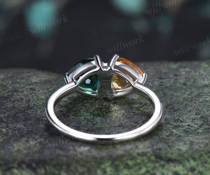 Trillion Cut Emerald & Citrine Toi et Moi Ring Personalized Two Birthstone Couple Ring BFF Jewelry Gift