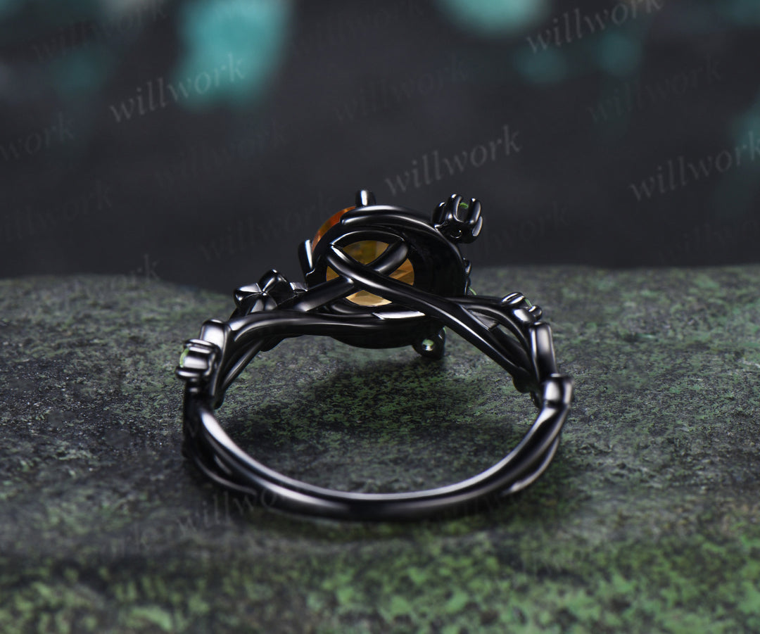 Round Cut Citrine Engagement Ring Moon Peridot Cluster Promise Ring Floral Twig Branch Ring November Birthstone Jewelry