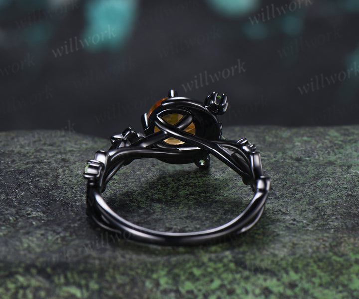 Round Cut Citrine Engagement Ring Moon Peridot Cluster Promise Ring Floral Twig Branch Ring November Birthstone Jewelry