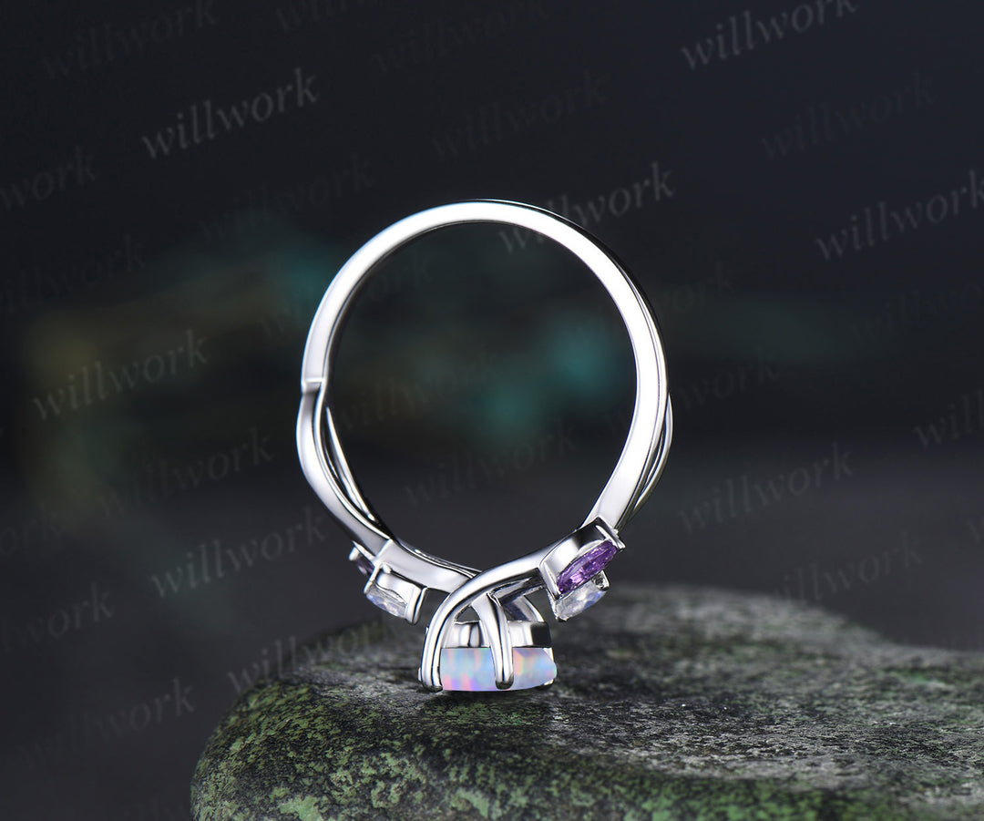 Hexagon cut white fire opal engagement ring marquise moonstone amethyst five stones twisted infinity promise ring