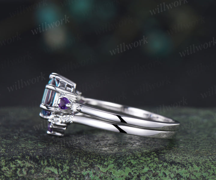 Unique hexagon cut alexandrite moon engagement ring set pear amethyst five stone ring moissanite wedding band bridal set