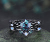 Hexagon alexandrite engagement ring set black gold twig leaf split shank moonstone ring marquise alexandrite wedding band unique bridal set
