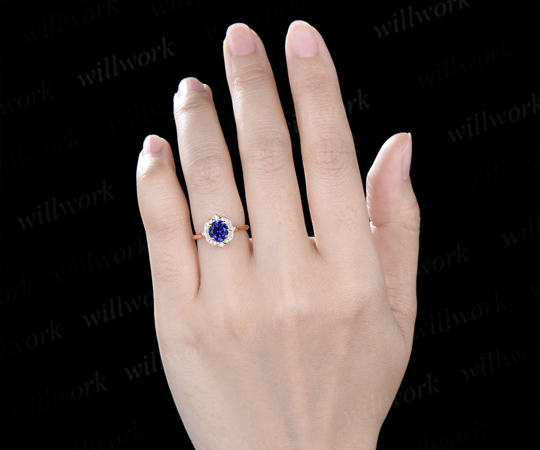 Vintage round sapphire diamond halo engagement ring floral hidden halo wedding ring blue gemstone bridal ring