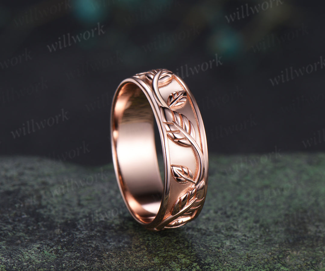 Leaf Twig Engraved Men Wedding Band 6mm Nature Inspired Promise Statement Ring