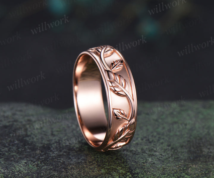 Leaf Twig Engraved Men Wedding Band 6mm Nature Inspired Promise Statement Ring