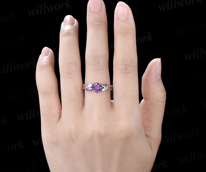 Hexagon cut natural amethyst engagement ring marquise moonstone amethyst five stone ring twisted infinity wedding ring