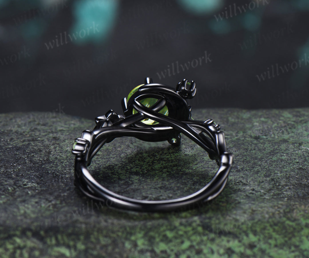 Round Cut Peridot Engagement Ring Moon Peridot Cluster Promise Ring Floral Twig Branch Ring August Birthstone Jewelry