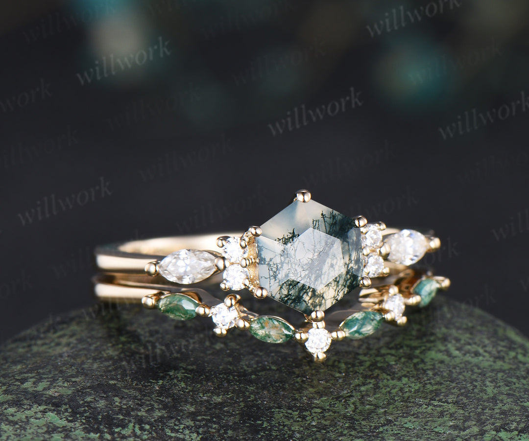 Hexagon cut moss agate ring set minimalist seven stones engagement ring marquise moss agate moissanite wedding band unique bridal set