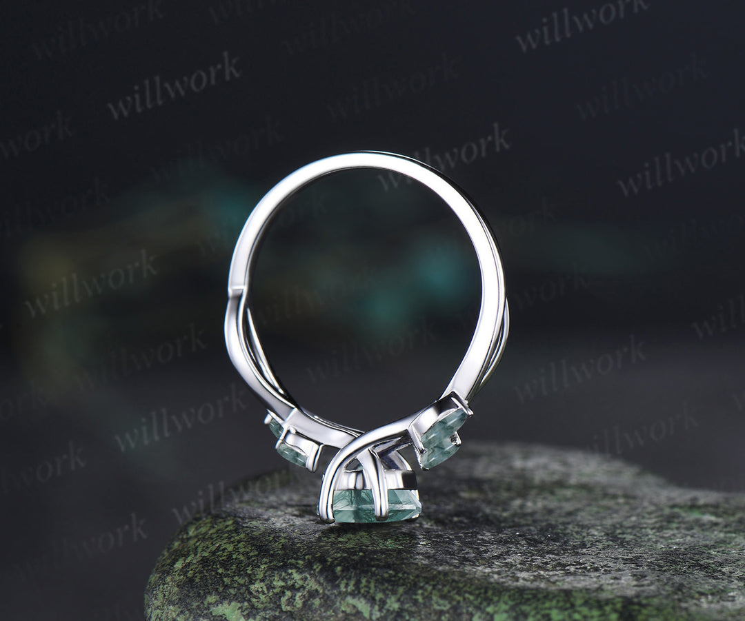 Hexagon cut moss agate engagement ring twisted infinity moss agate five stone ring alternative bridal ring