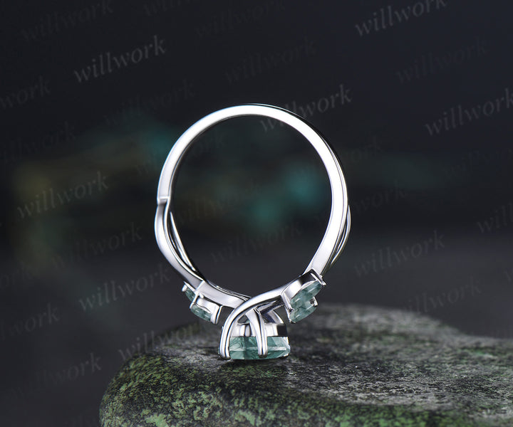 Hexagon cut moss agate engagement ring twisted infinity moss agate five stone ring alternative bridal ring