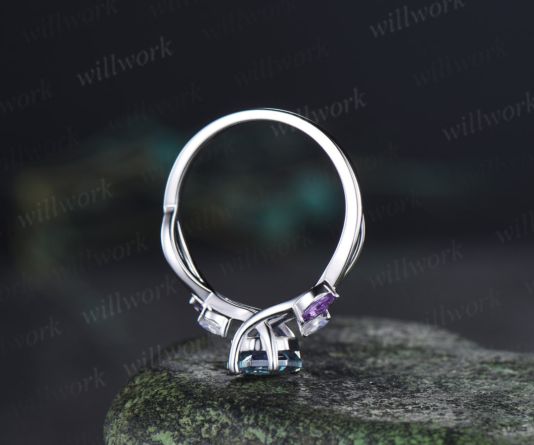 Hexagon cut alexandrite engagement ring marquise moonstone amethyst five stones twisted promise ring