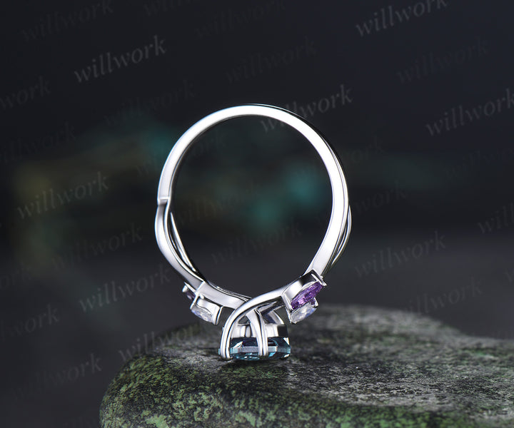 Hexagon cut alexandrite engagement ring marquise moonstone amethyst five stones twisted promise ring